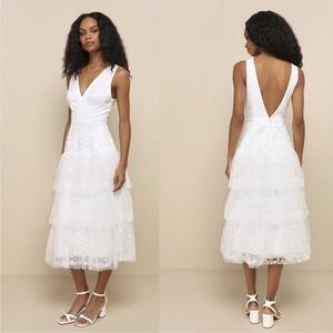 NWT Confidently Gorgeous White Tulle‎ Embroidered Backless Midi Dress S Floral